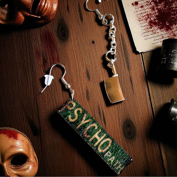 PSYCHO PATH Earrings with cleaver charm Fun Halloween Goth True Crime lover - Picture 1 of 17